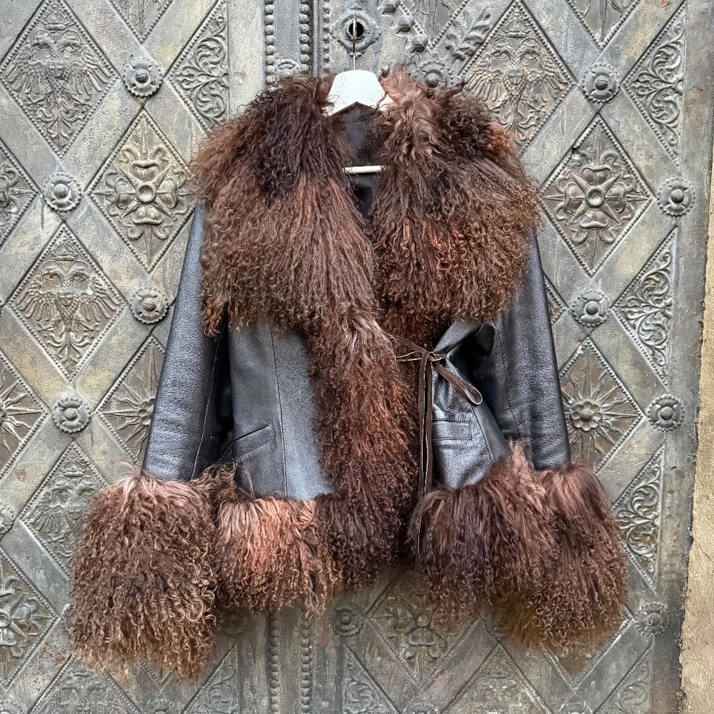 Vintage Shearling Lamb fur Afghan Mongolian Trim Coat Jacket M Charlotte Simone